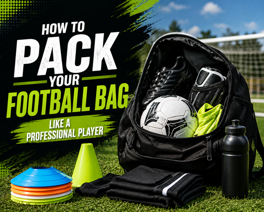 A black sports backpack on a grassy soccer field, shown open with soccer gear packed inside, including a soccer ball, cleats, shin guards, a neon yellow towel, black socks, and a water bottle. Large text on the left reads 'HOW TO PACK YOUR FOOTBALL BAG LIKE A PROFESSIONAL PLAYER.