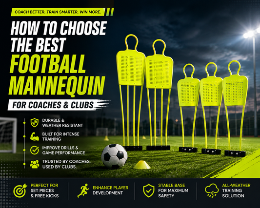 A set of bright yellow football mannequins displayed on a green soccer field at night under stadium lights, with promotional text and feature callouts for coaches and clubs.