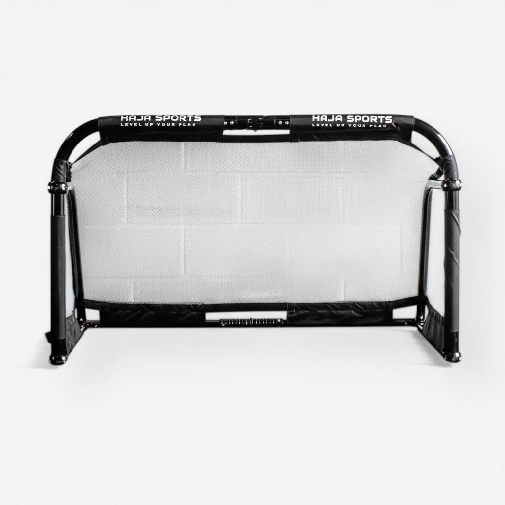 HAJA Sports Pro Aluminium Folding Goal Post with white micromesh net, ideal for training and play.