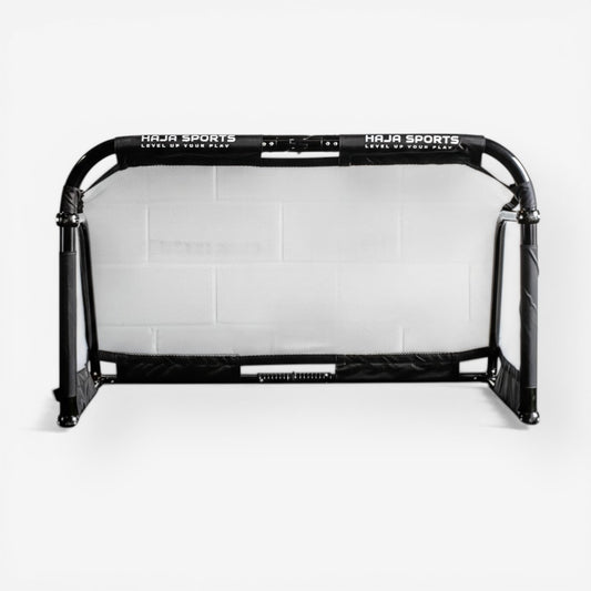 HAJA Sports Pro Aluminium Folding Goal Post with white micromesh net, ideal for training and play.