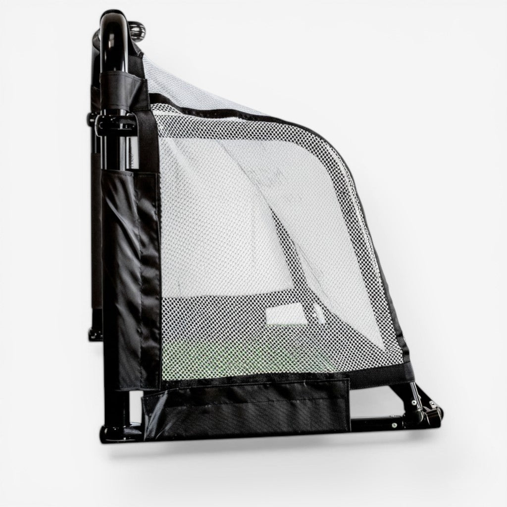 HAJA Sports Pro Aluminium Folding Goal Post with white micromesh net, silver frame, and black fabric.