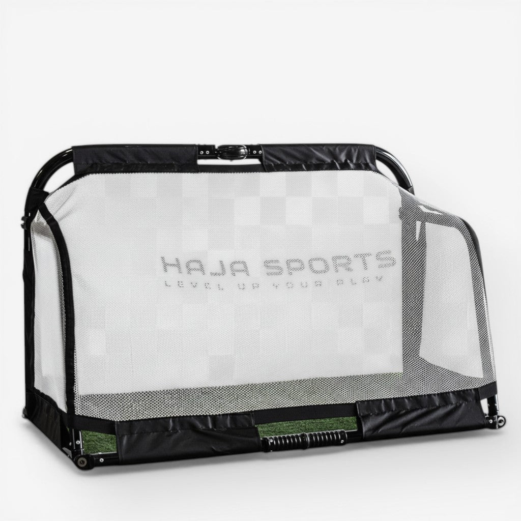 HAJA Sports Pro Aluminium Folding Goal Post with white micromesh net, ideal for training and everyday play.