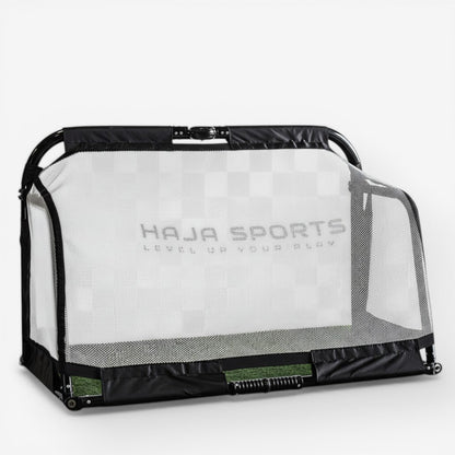 HAJA Sports Pro Aluminium Folding Goal Post with white micromesh net, ideal for training and everyday play.